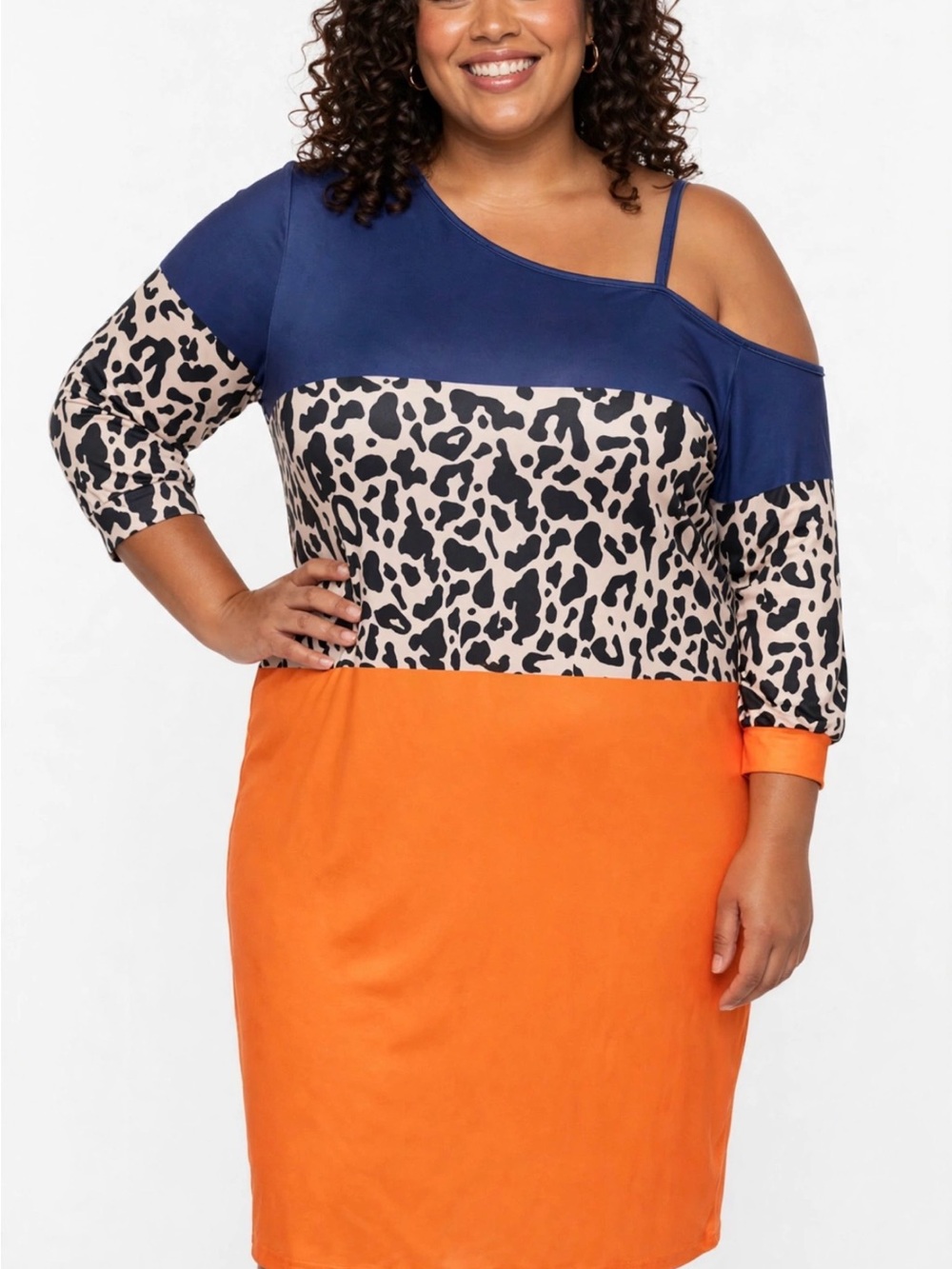 Navy, Animal Print & Orange Colorblock Cold-Shoulder Dress